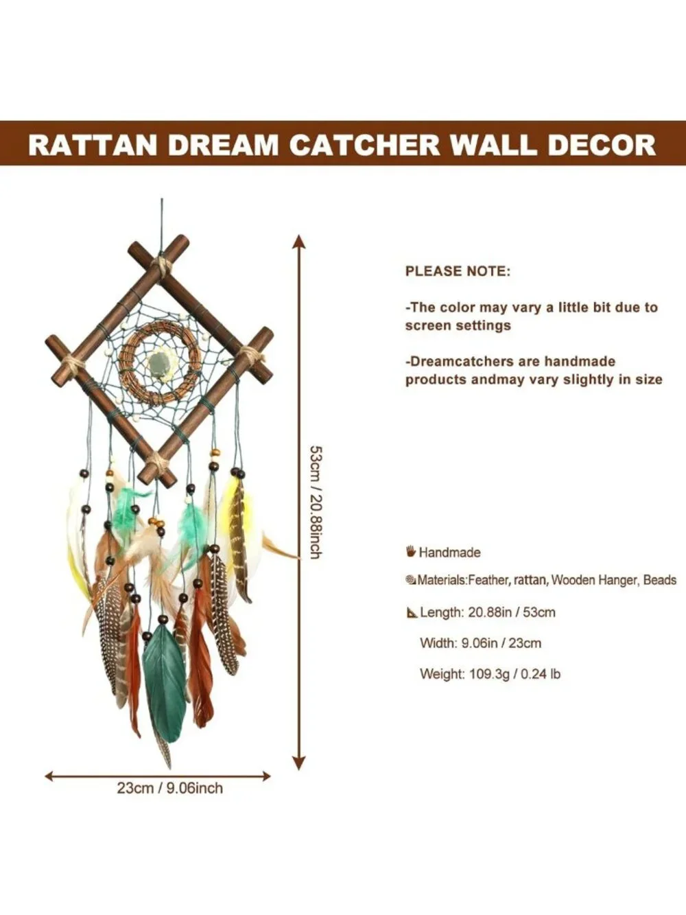 Handmade Boho Dream Catcher Wall Decor | Rattan & Crystal Feathers | Natural